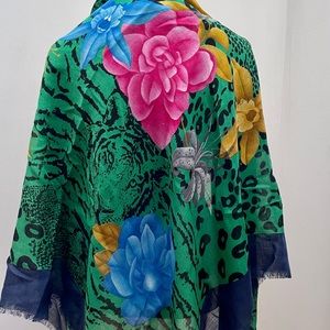 Vintage Escada Wool Challis Flowers on Animal Print Background